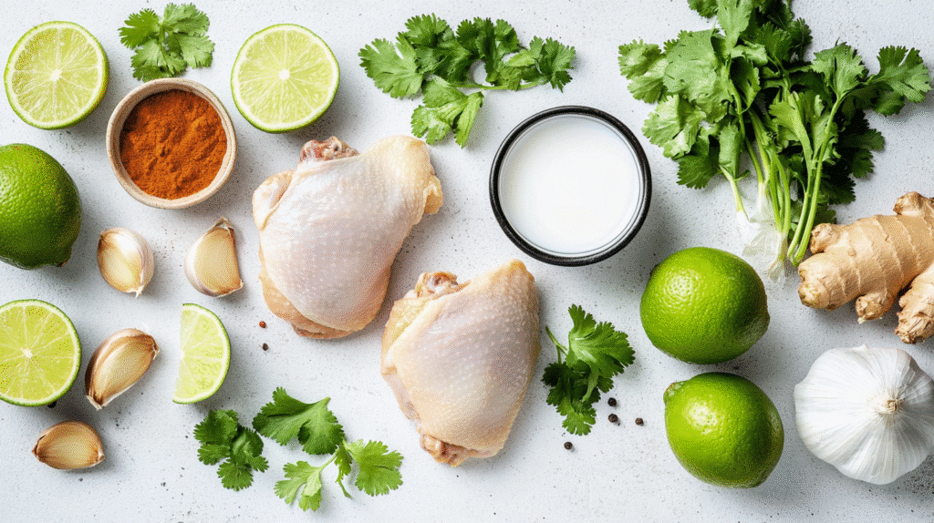 Ingredients for One-Pan Coconut Lime Chicken arranged on counter
