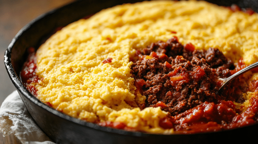 Spreading cornbread topping on tamale pie