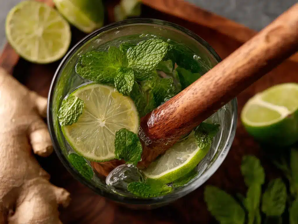 Muddling lime and mint for Brazilian Mounjaro recipe