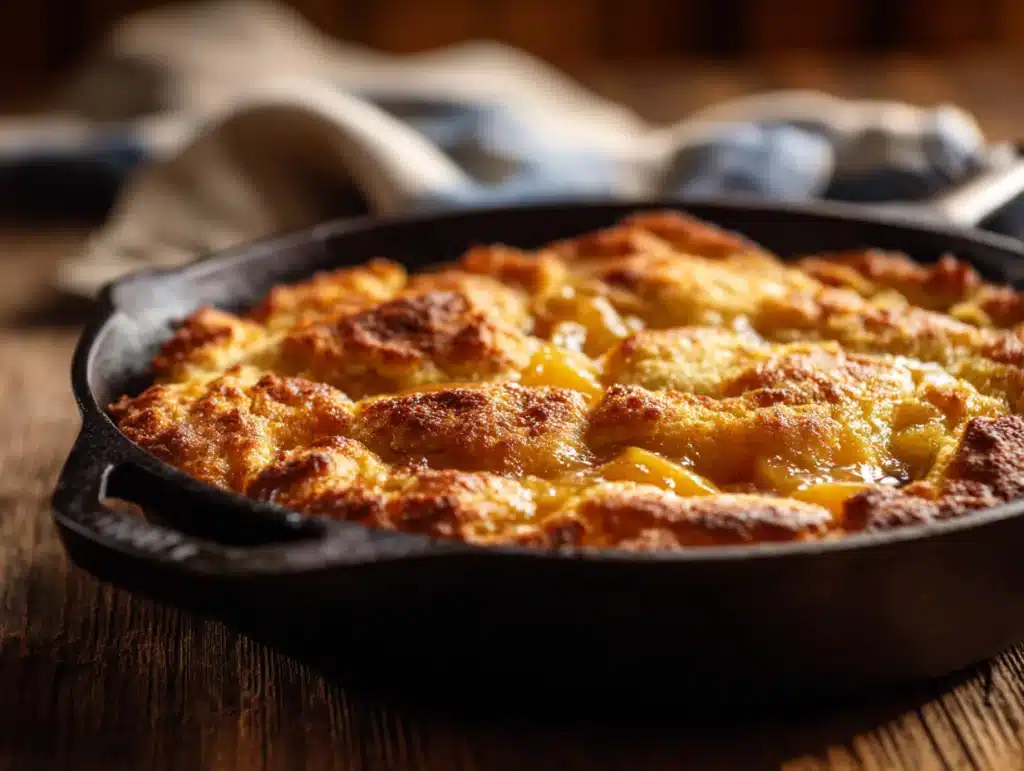 Peach cobbler recipe in skillet with golden crust