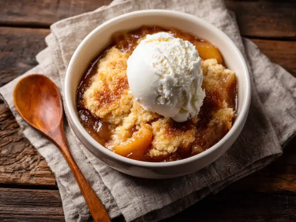 Peach cobbler recipe served with ice cream