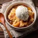 Peach cobbler recipe served with ice cream