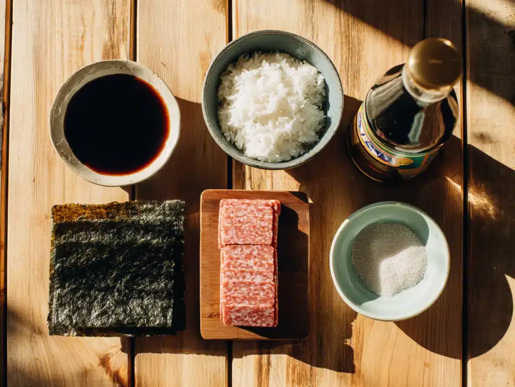 Spam musubi recipe ingredients flat lay